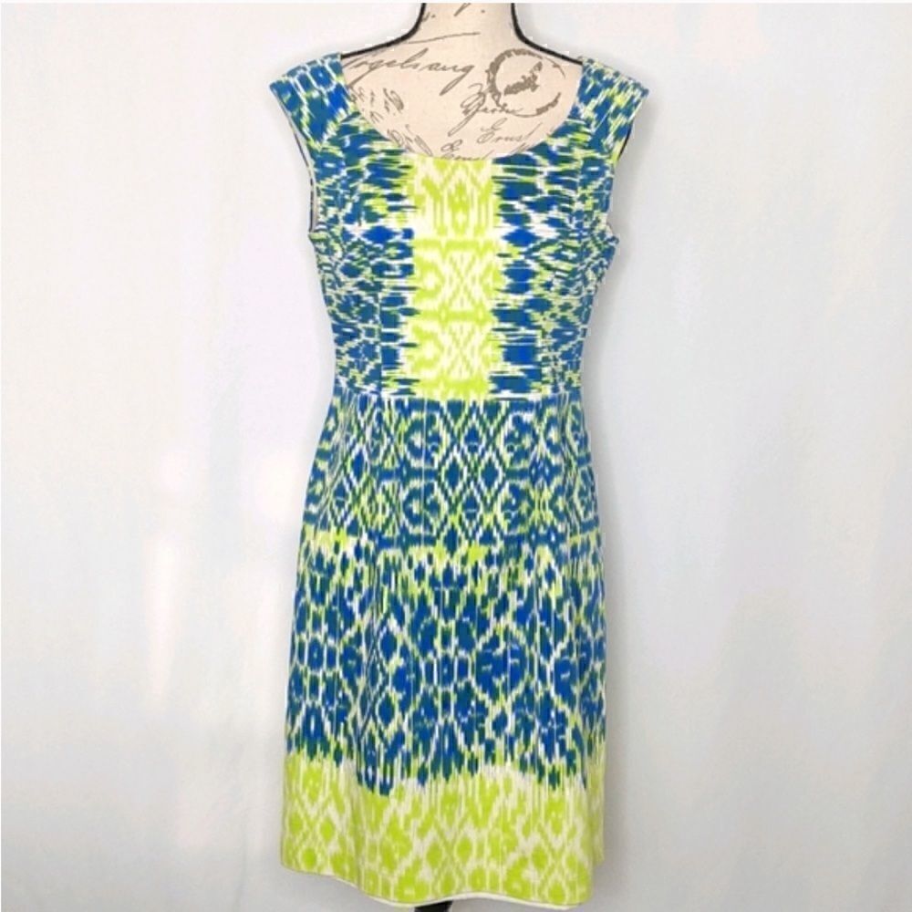 Adrianna Papell Blue Green Print Bateau Neck Sheath Dress Size 4 Nordstrom NWT